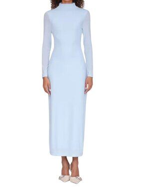 NWT Avec Les Filles Mesh Mock Neck Maxi Dress Sky Blue Small MSRP $118